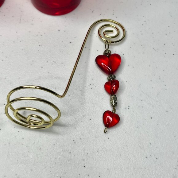 Pair Red Glass Luminary Votive Candle Holder Decorative Hearts Golden Wire Roman - Picture 17 of 17